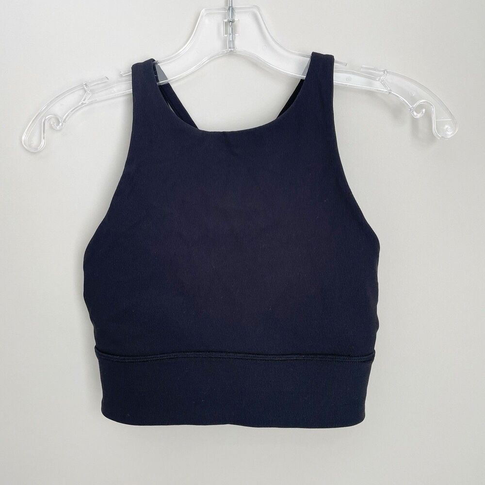 Lululemon Size 6 Black Energy Bra High Neck Long Line Ribbed Sports Bra Workout